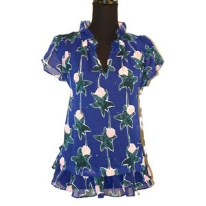 Fairy Floral SHEER Ruffle Top COQUETTE  Blouse Flutter Sleeve Pink Blue MEDIUM M